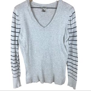 Loft Gray Lightweight Sweater Striped Sleeves Med
